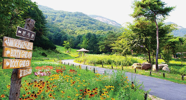 산들소리수목원의 테마정원 이정표. 여러 갈래의 산책로가 나뉜다. 〈사진 산들소리수목원 제공〉