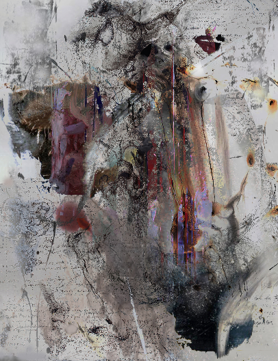 정수모 작가의 신작 '오래된 기억의 소리 A'(164×453cm, Acrylic on canvas, 2026). 물감을 겹겹이 쌓았다가 다시 긁어내는 특유의 방식으로 완성한 대형 회화다.