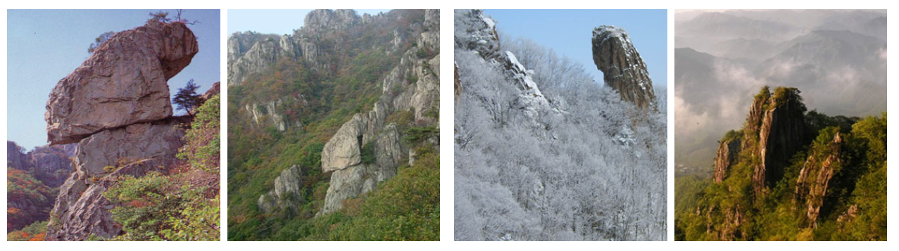 케이블카와 능선에서 만나는 대둔산의 기암. 왼쪽 두 장이 동심바위, 오른쪽 두 장이 장군바위다.