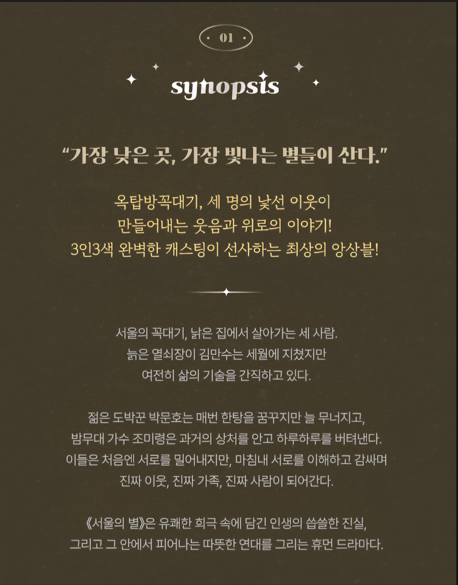 작품 시놉시스. "가장 낮은 곳, 가장 빛나는 별들이 산다"는 문장으로 시작해, 옥탑방 세 사람이 진짜 이웃이자 가족이 되어가는 이야기를 예고한다.