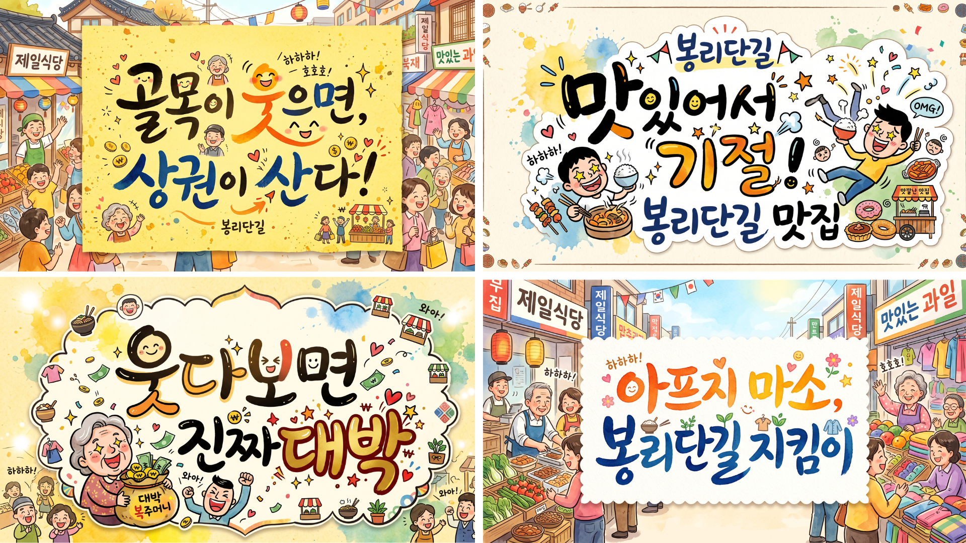 "골목이 웃으면 상권이 산다!" "웃다보면 진짜 대박" — 청년들이 외친 봉리단길 응원 문구 〈이미지 봉리단길 봉천제일 문화관광형시장 육성사업단 제공〉